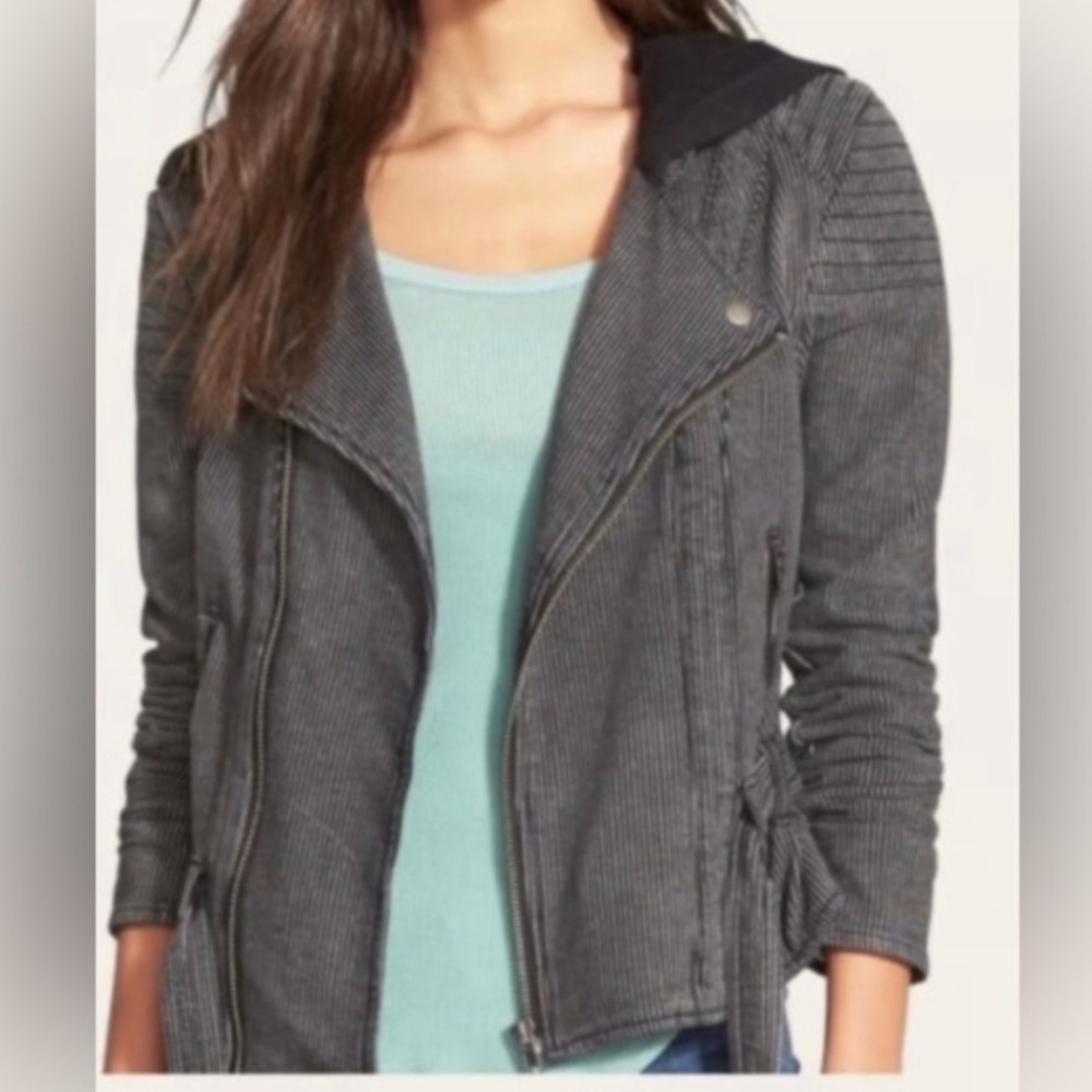 Free People Railroad Stripe Knit Hooded Moto Jacket
